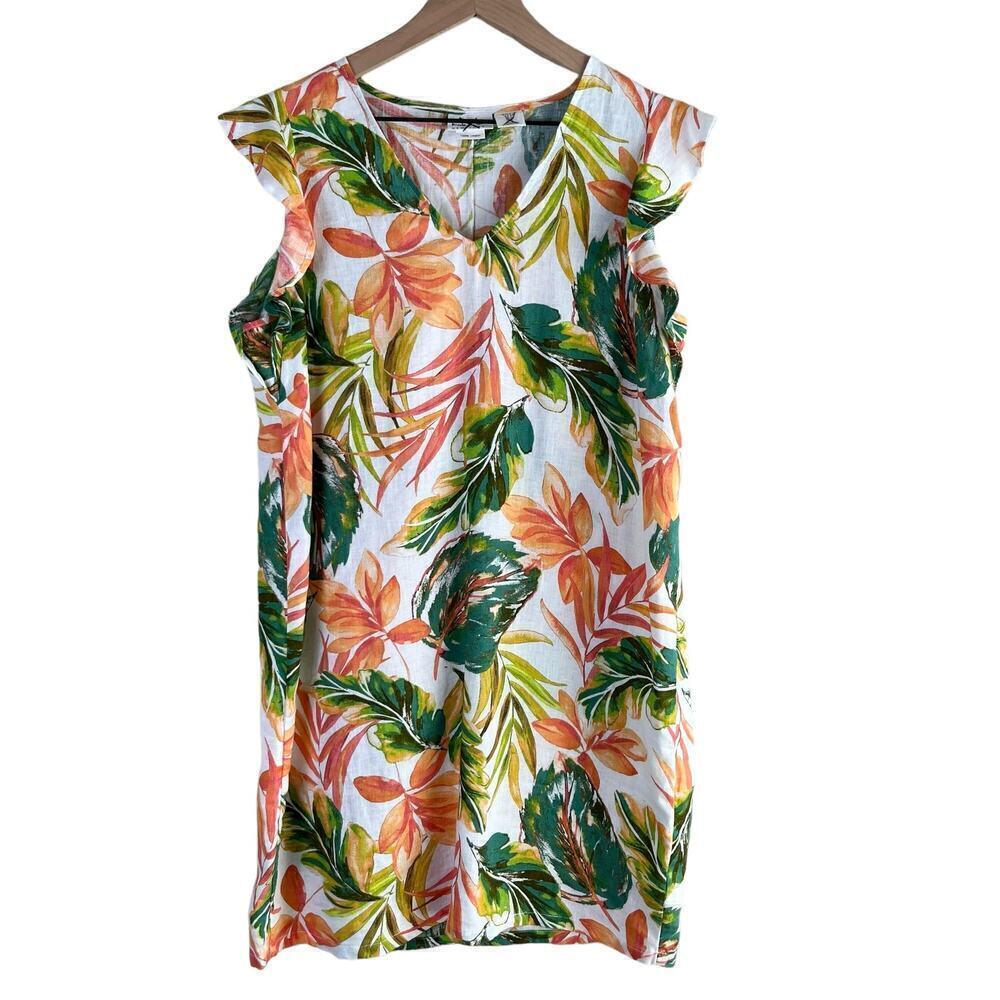 Nicole Miller Linen Tropical‎ Print Shift Dress Orange Green Flutter Sleeves, S